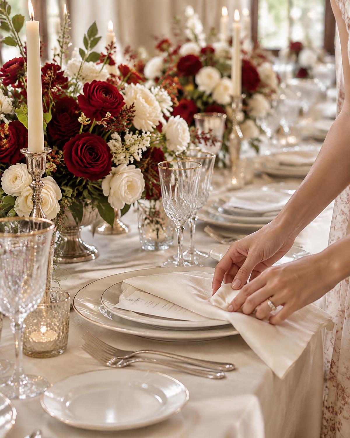 Close-up of premium event styling with candles, flowers and refined table details