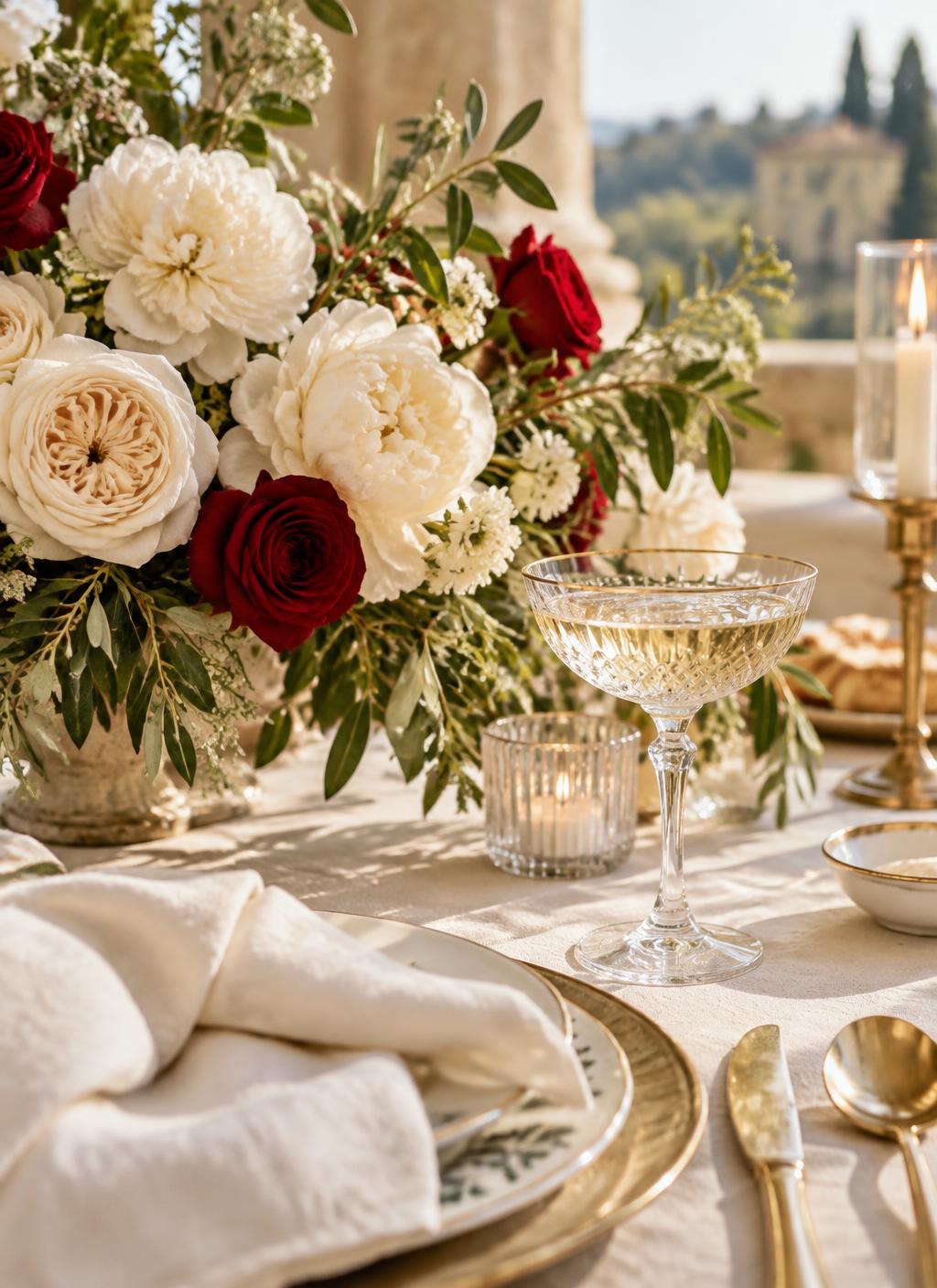 Table styling with ivory peonies, red roses and a champagne coupe