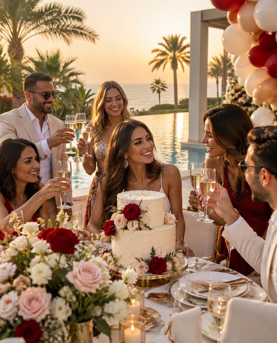 Friends toasting around a floral birthday cake by a villa pool
