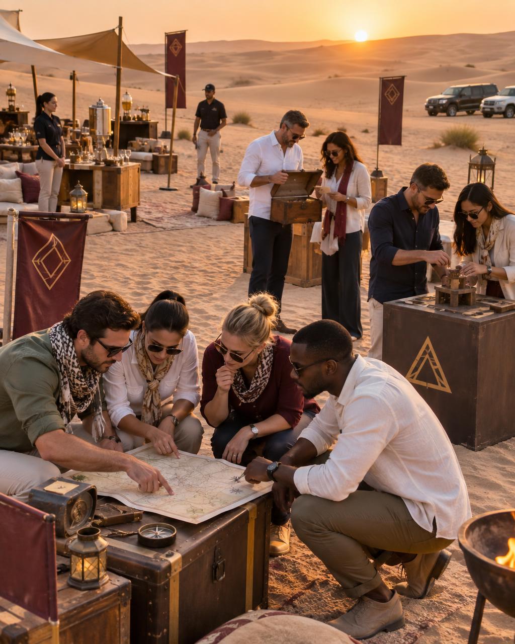 Professional teams solving clues during a premium corporate treasure hunt in the Dubai desert