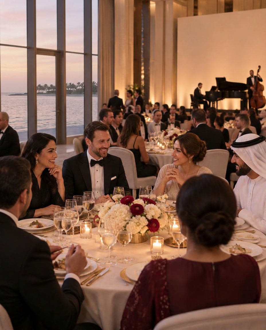 Corporate gala dinner with live jazz in a waterfront Dubai ballroom