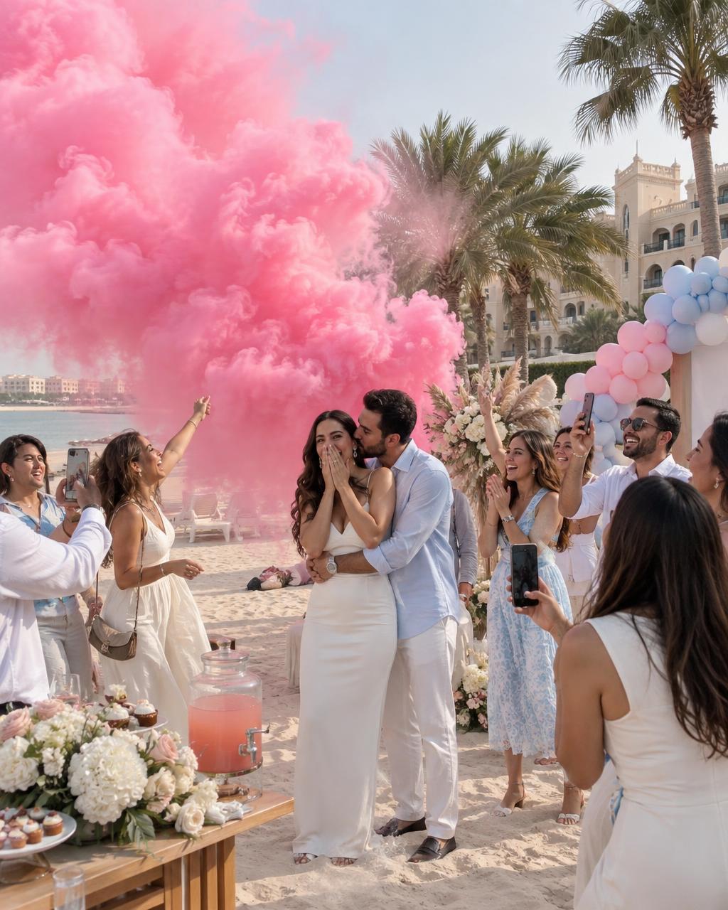 Expectant couple celebrating an elegant outdoor gender reveal with family and friends